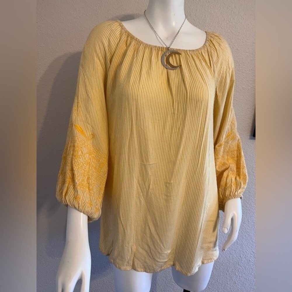 Intro Yellow & White Striped Rayon Peasant Blouse XL